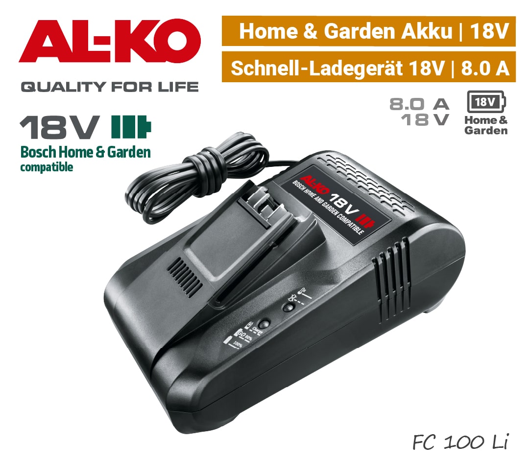 ALKO FC 100 Li Schnell-Ladegerät Akku 8A 18V Bosch Home & Garden 18 V power-for-all AL-KO EU9