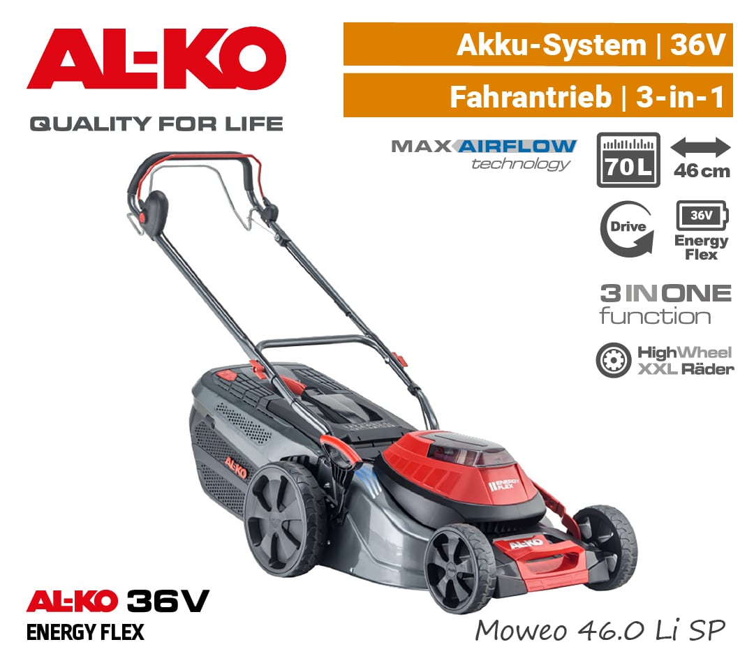 ALKO Moweo 46.0 Li SP Akku-Rasenmäher 36V EnergyFlex 40V Antrieb selbstfahrer 3-in-1 EU9