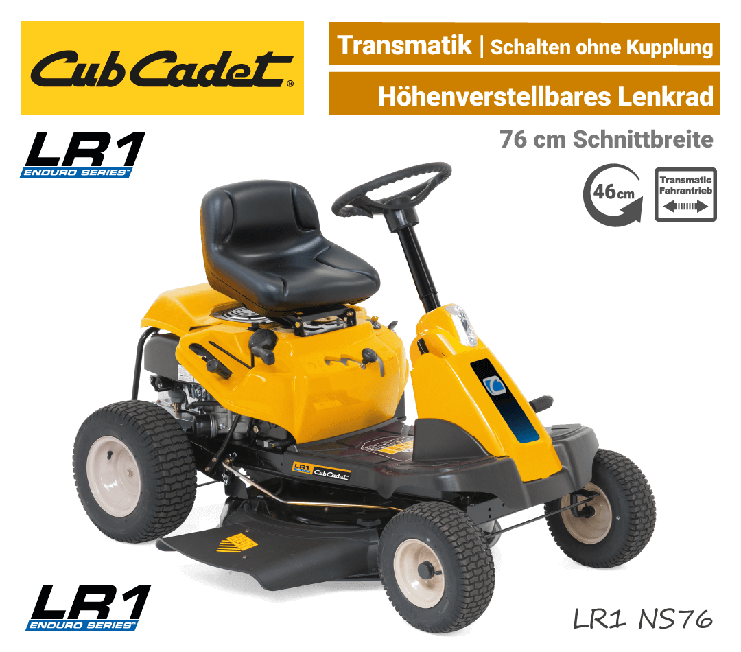 Cub Cadet LR1 NS76 Transmatic Seitenauswurf-Mulch Aufsitzmäher Mini-Rider EU9