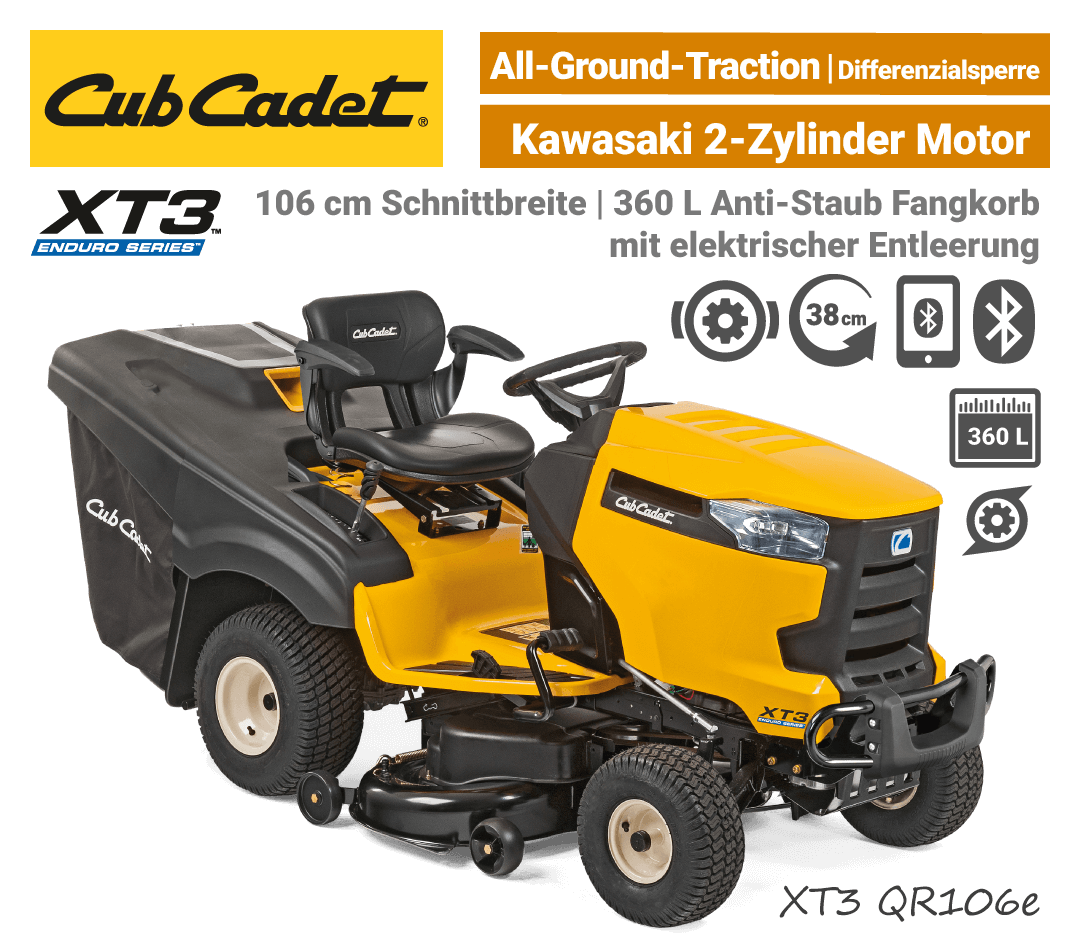 Cub Cadet XT3 QR106 e Diffrenzialsperre elektrische Korb-Entleerung Bluetooth Rasentraktor EU9