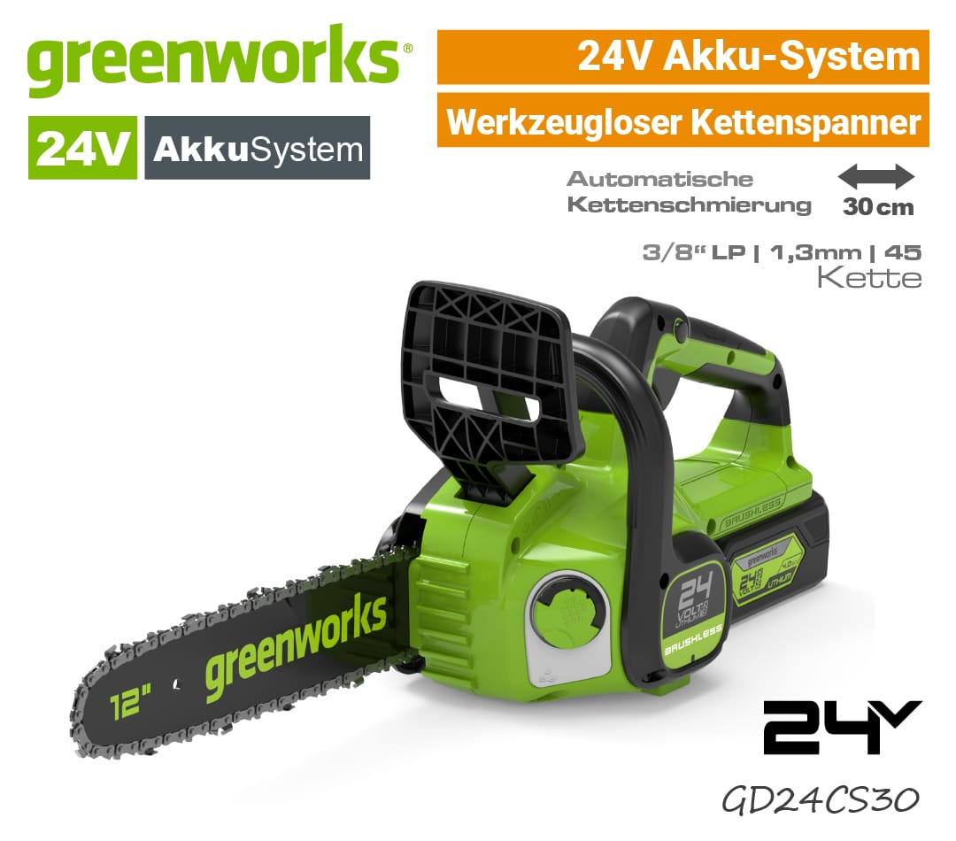 Greenworks 24V Akku-Kettensäge GD24CS30 GD24CS30K2 Motorsäge EU9