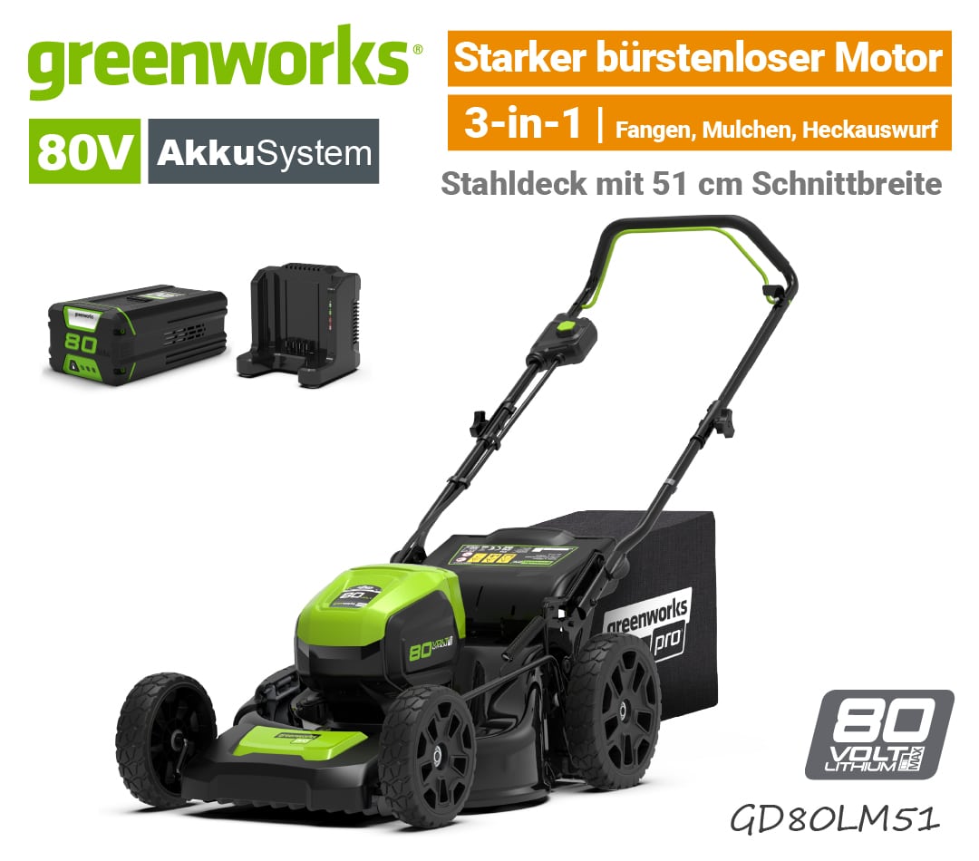 Greenworks 80V GD80LM51 Akku-Rasenmäher 80 Volt 51 cm EU9