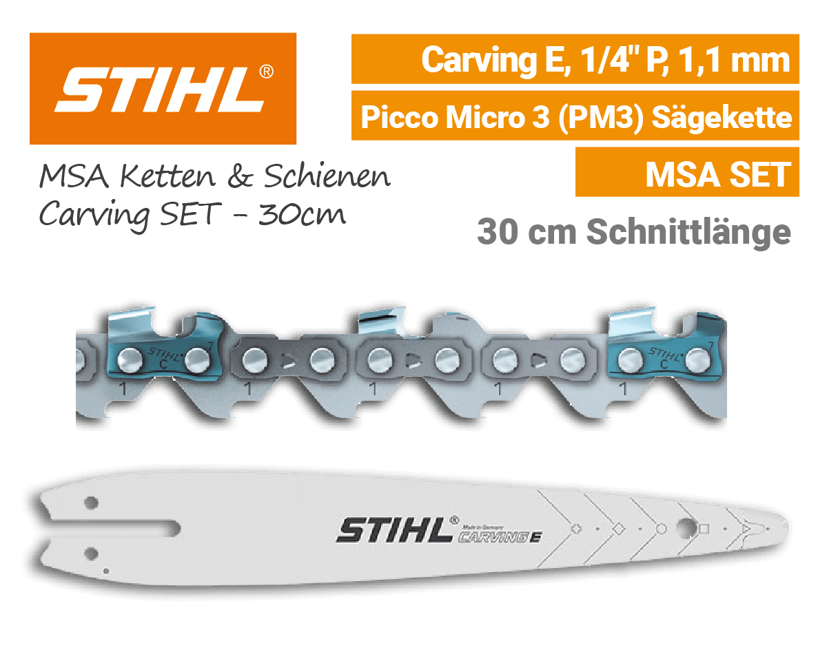 Stihl Carving E Schiene - Picco Micro 3 PM3 1/4" 1,1mm Kette 30cm MSA SET EU9